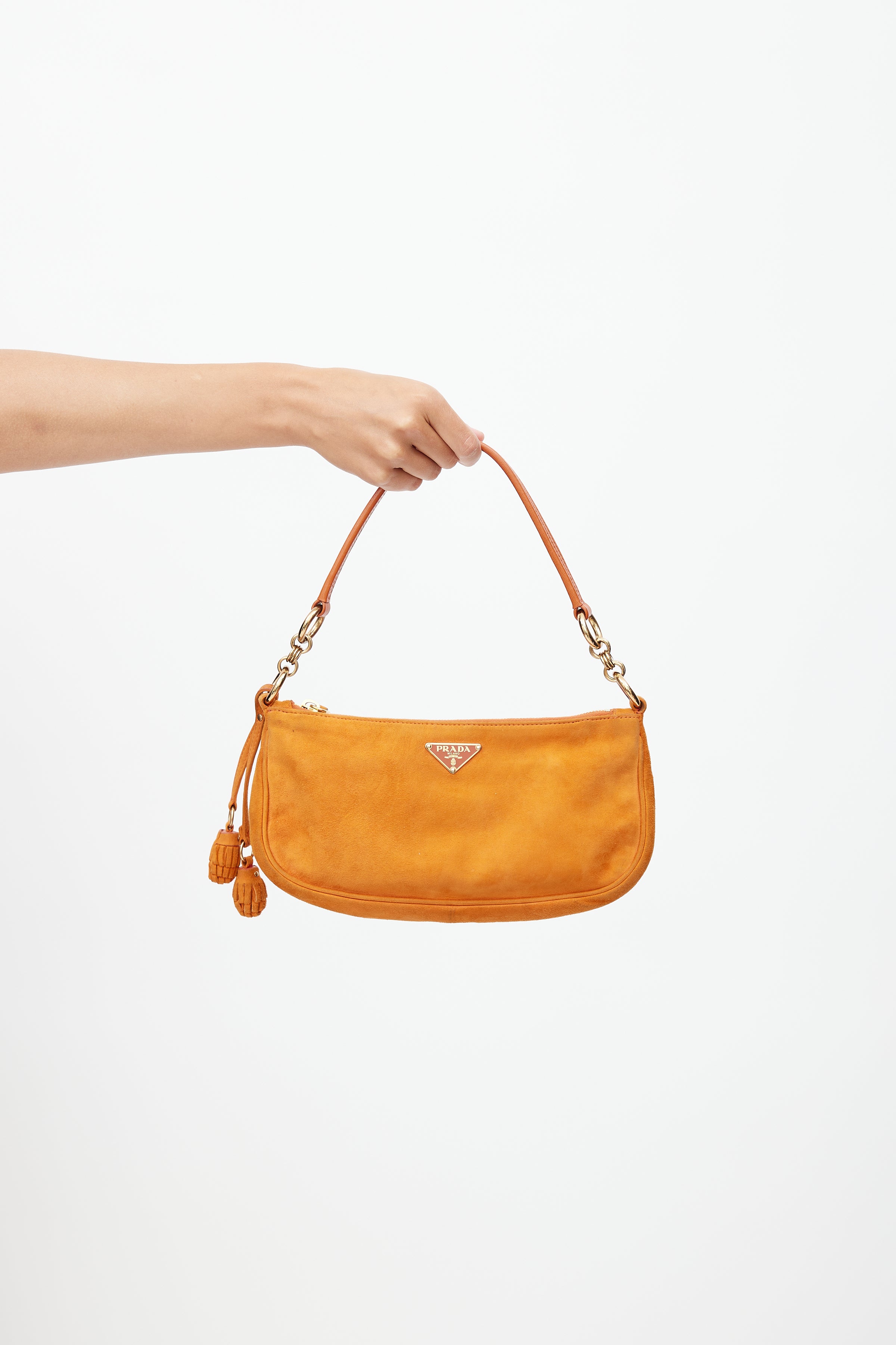 Prada // Vintage Orange Suede Pom Pom Shoulder Bag – VSP Consignment