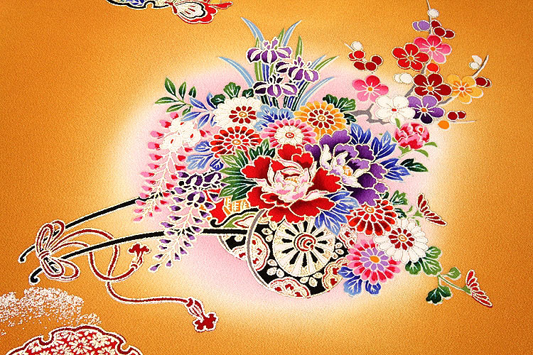 花車に雪輪柄 豪華な金彩加工 ボカシ 女児 三才 七才 四ッ身 正絹