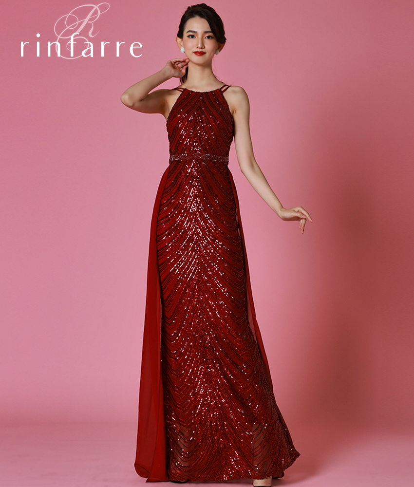 総スパンコールレッドグリーンロングドレス/黒木麗奈 - カラードレス