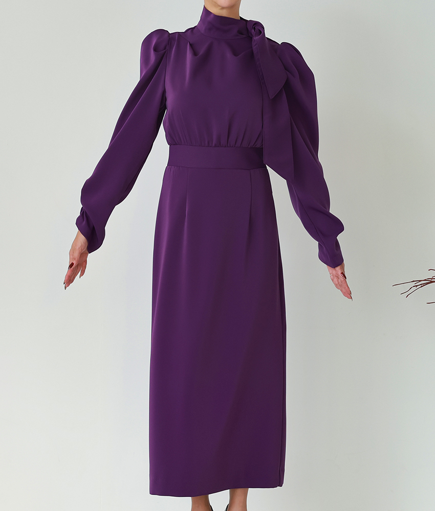 パープル長袖ミディアムドレス/山崎みどり - カラードレス