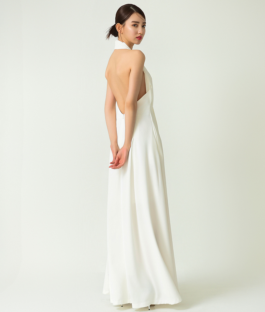 ホワイト・バックオープン・ホルタードレープネック・ノースリーブ・A