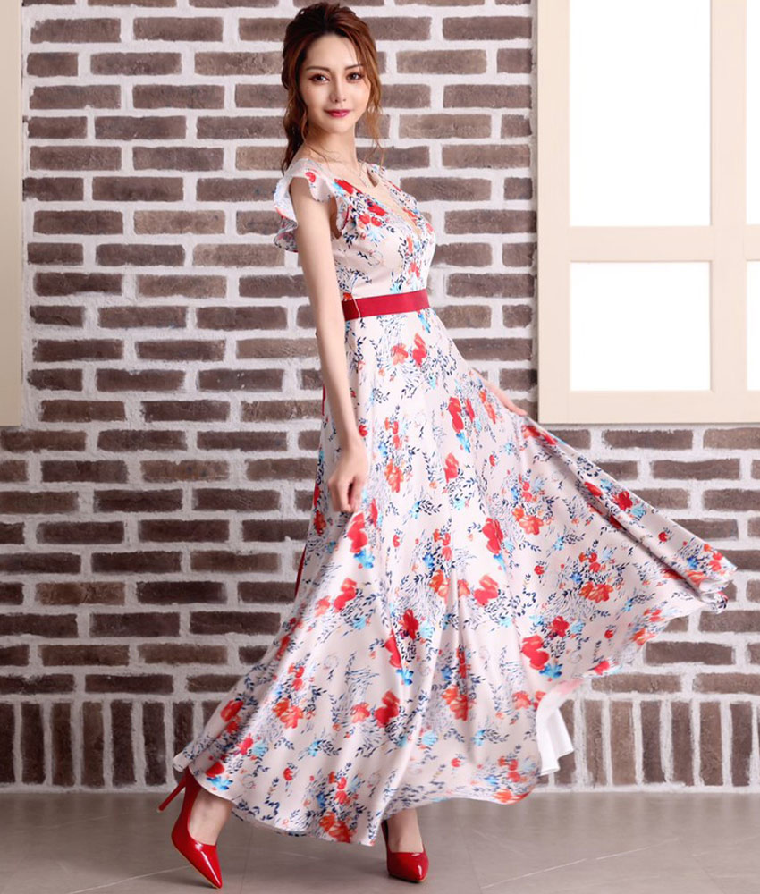 花柄リボンサテンフリルスリーブAラインロング/山崎みどり - カラードレス