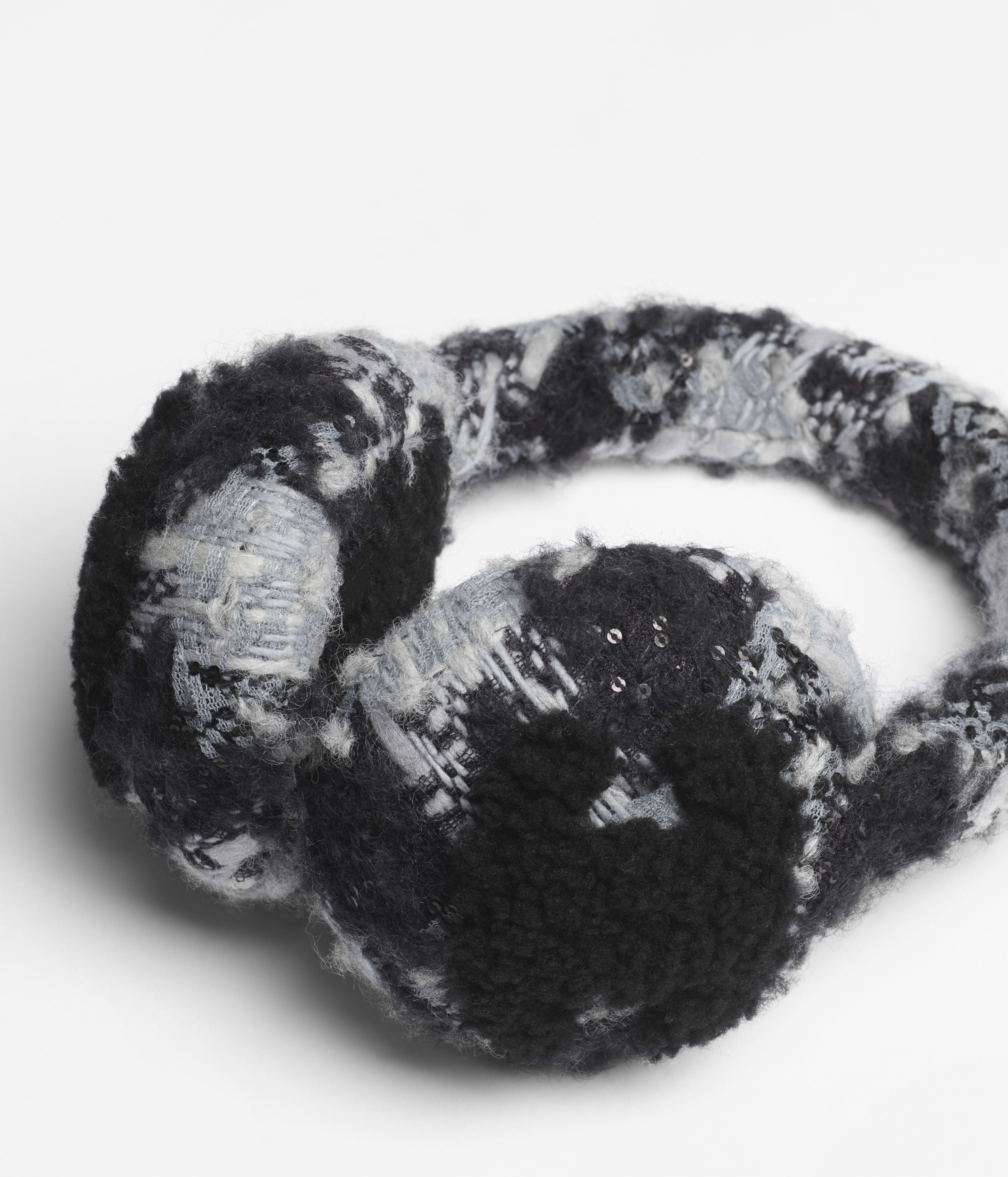 イヤーマフ - ウール ツイード & シアリング ラムスキン、ブラック