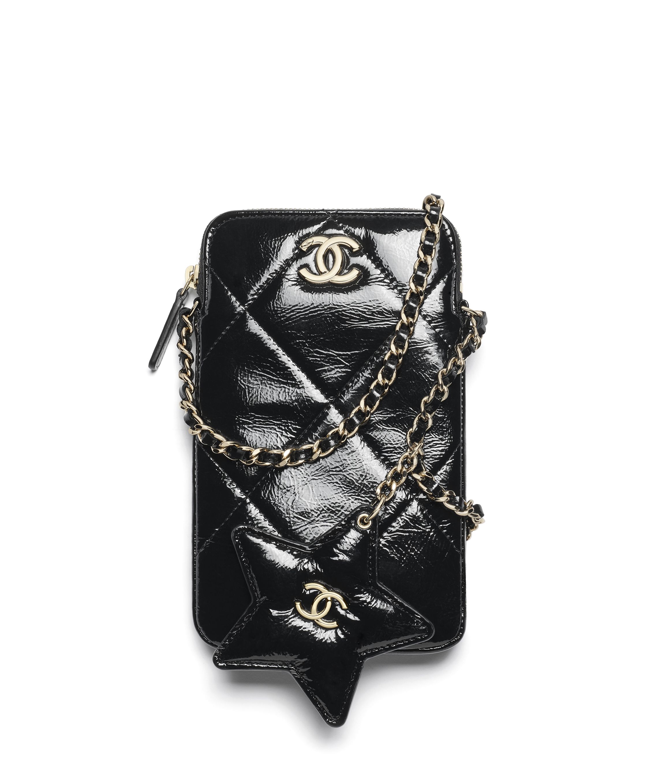 Phone holder with chain - Shiny crumpled calfskin & gold-tone