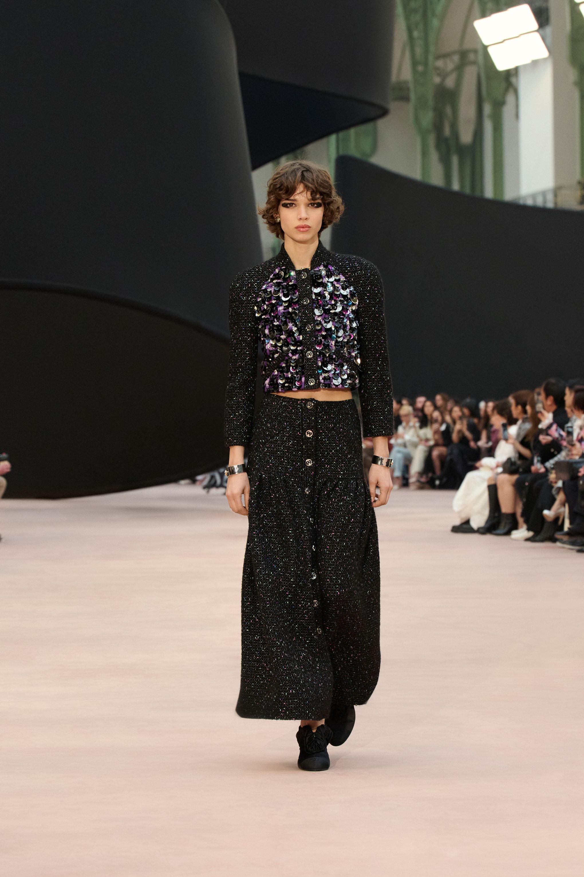 ロング スカート - ウール ツイード、ブラック & マルチカラー