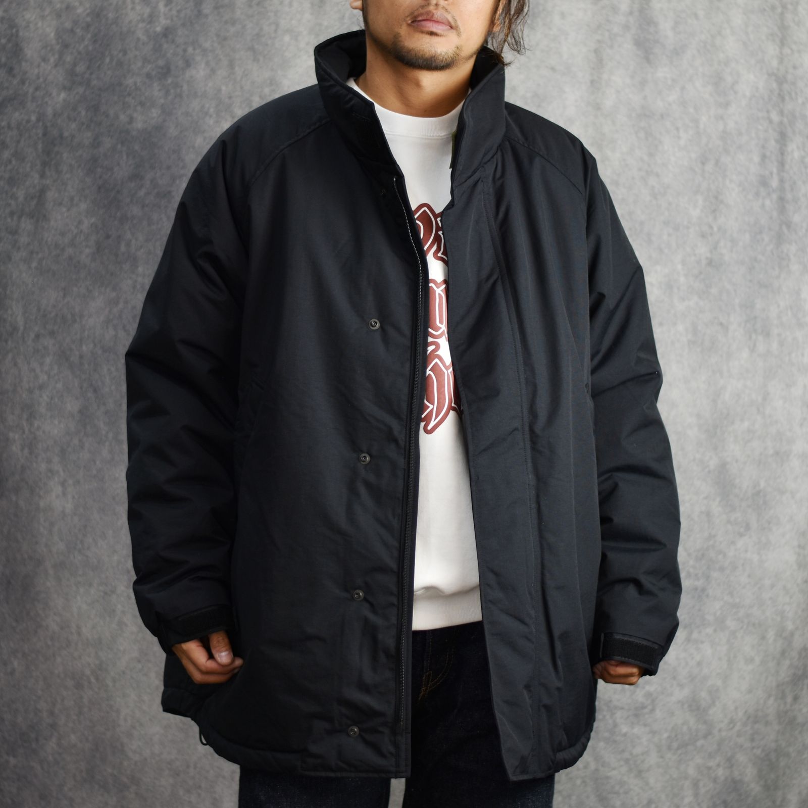 CALEE - TASLAN NYLON PADDED JACKET (BLACK) / スタンドカラー パ