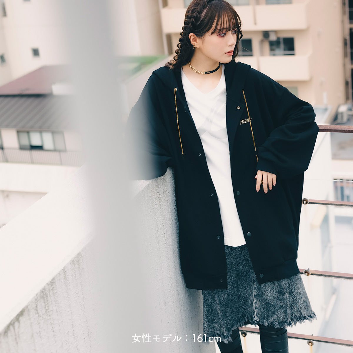 mew】チェーンフードブルゾン(BLK)