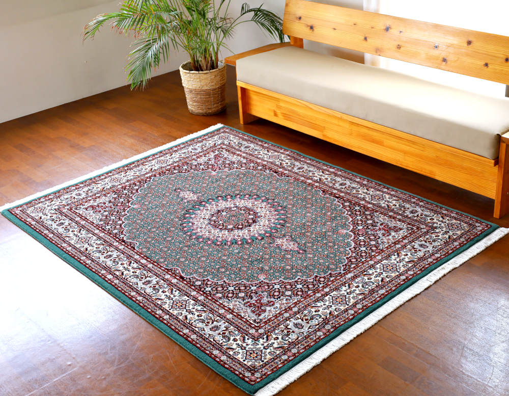 イラン産手織りペルシャ絨毯 緑 ウール＆シルク ／手織りラグの店