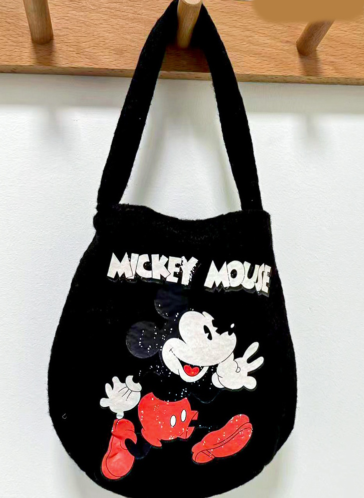 Mickey Mouse Print Wool Handheld Shoulder Crossbody Tote Bag