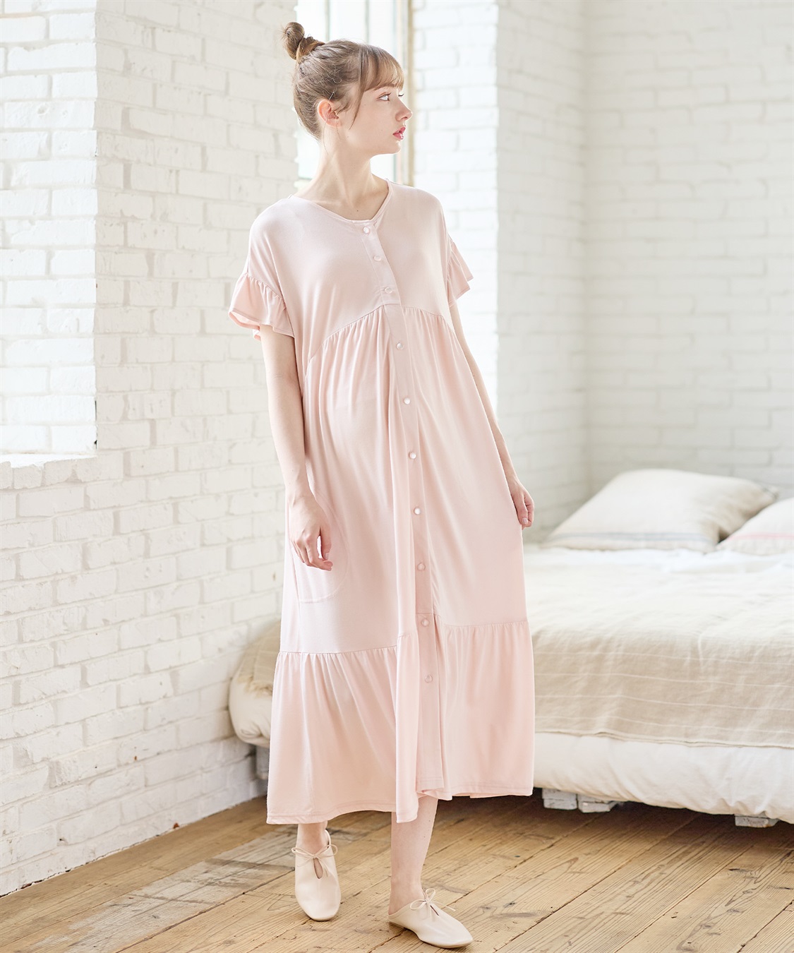 接触冷感】やわらかレーヨン フリル袖ネグリジェ/ パジャマ Rosemadame