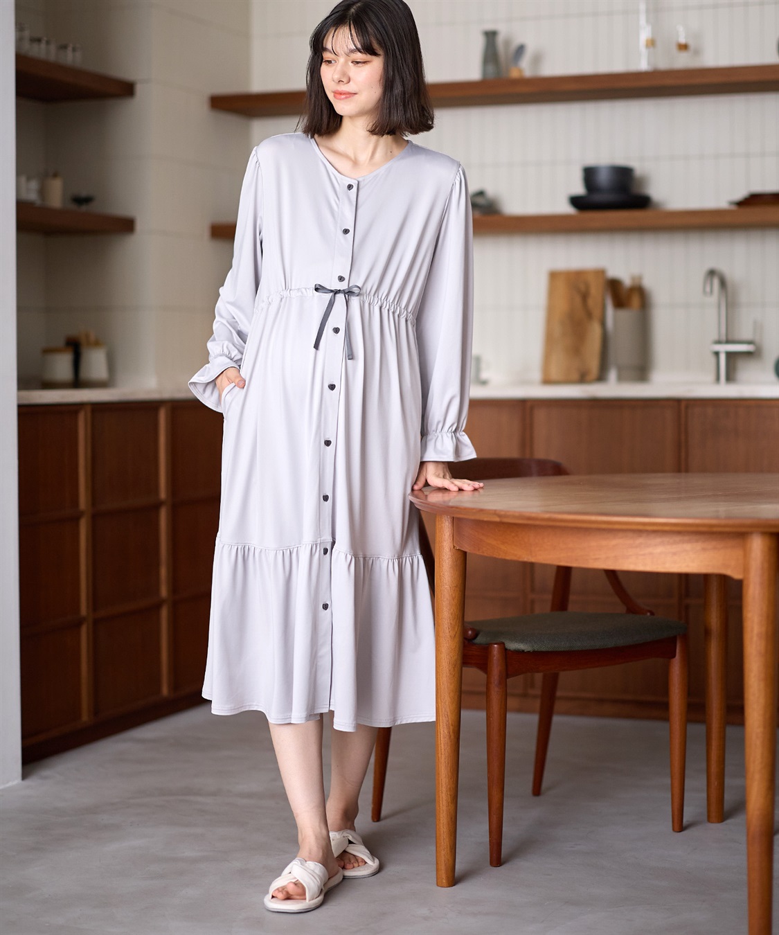 ニットサテン無地・チェリー柄ネグリジェ パジャマ/ルームウェア