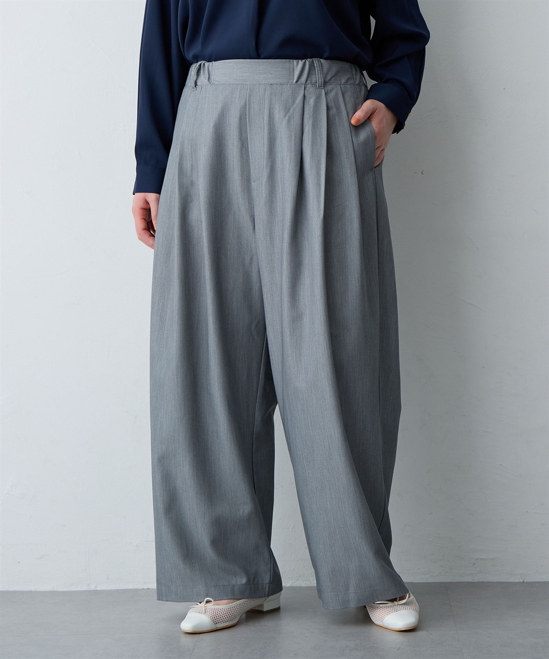 anyfee/大きいサイズ】ウエストゴム多タックワイドパンツ《低身長