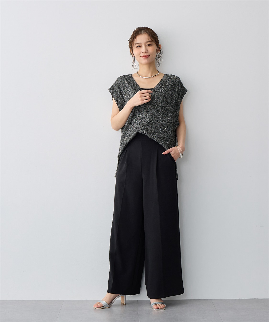 anyfee/プラスサイズ】ニットジョーゼットワイドパンツ anyfee｜クロス