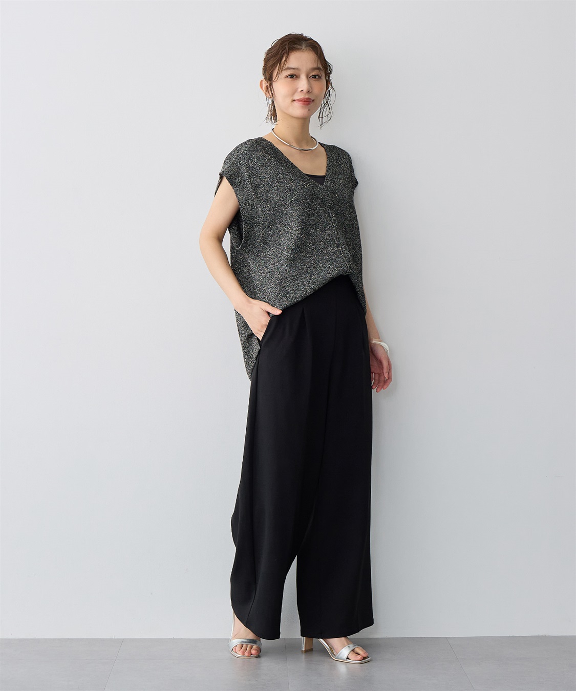 anyfee/プラスサイズ】ニットジョーゼットワイドパンツ anyfee｜クロス