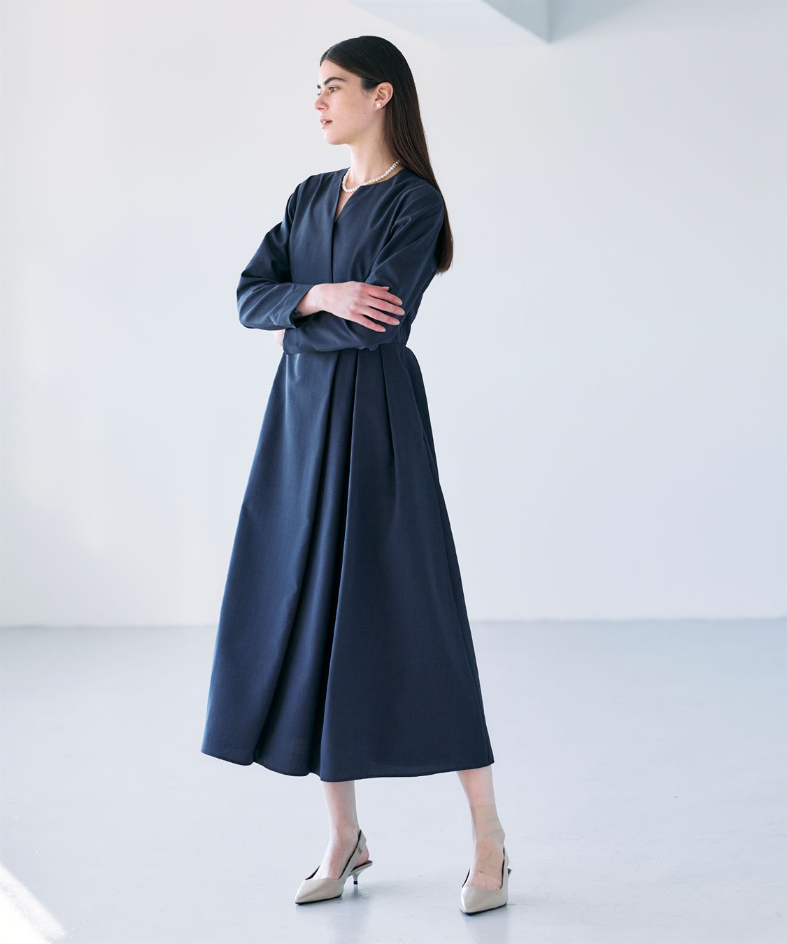 ウォッシャブルキーネックワンピース【CLEAN MOTION】 N.O.R.C｜クロス