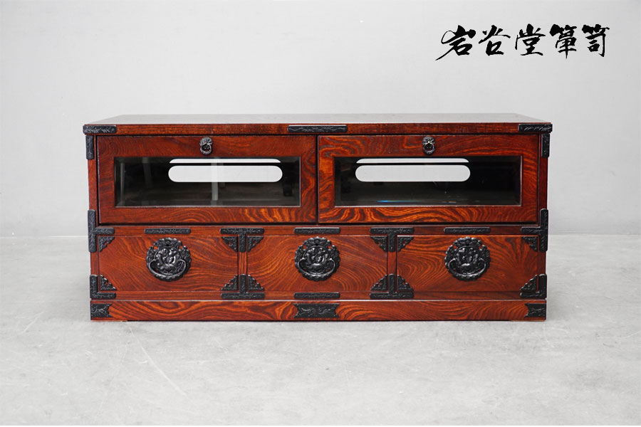 値下逸品 匠シール 欅 縮み杢 内桐 民芸・時代家具調 小抽斗 小箪笥幅