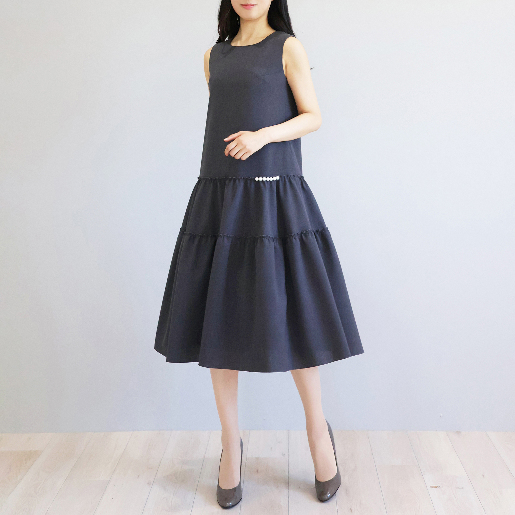 パール付きティアード ノースリーブワンピース【JM2407BF】 商品詳細