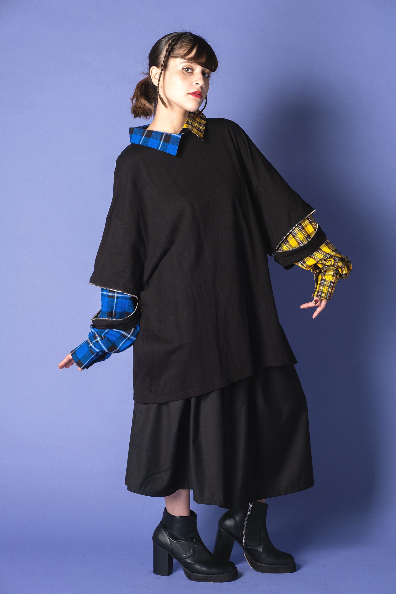 オープンジップフェイクレイヤーアシンメトリーチェック柄シャツカットソー