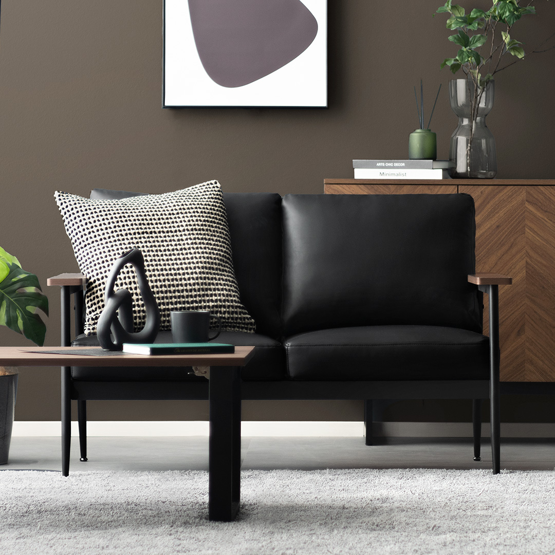 2人掛けレザーソファ ブラック スチール脚 Nolan | 家具・インテリア