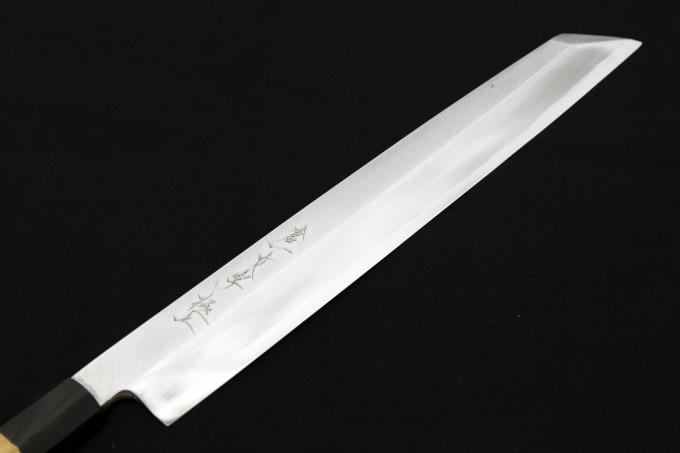 切付柳刃包丁 九寸半 霞 極上 切刃鏡面 水牛朴八角柄 白鞘付 【O622