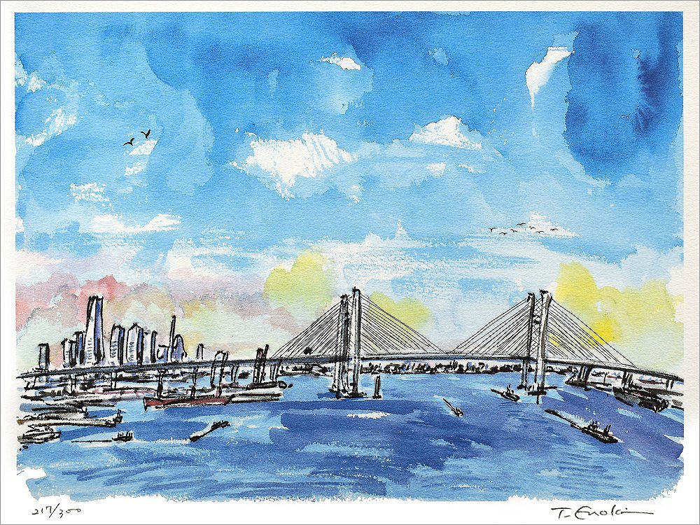 榎木孝明 絵画(版画/リトグラフ) 青と藍/横浜ベイブリッジ 1856|アート