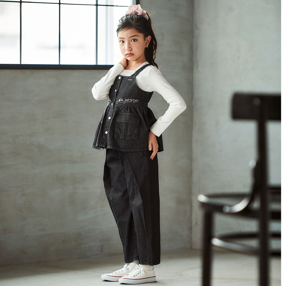 デニムビスチェ＋タック入り太パンツセットアップ(110~150cm)(110cm