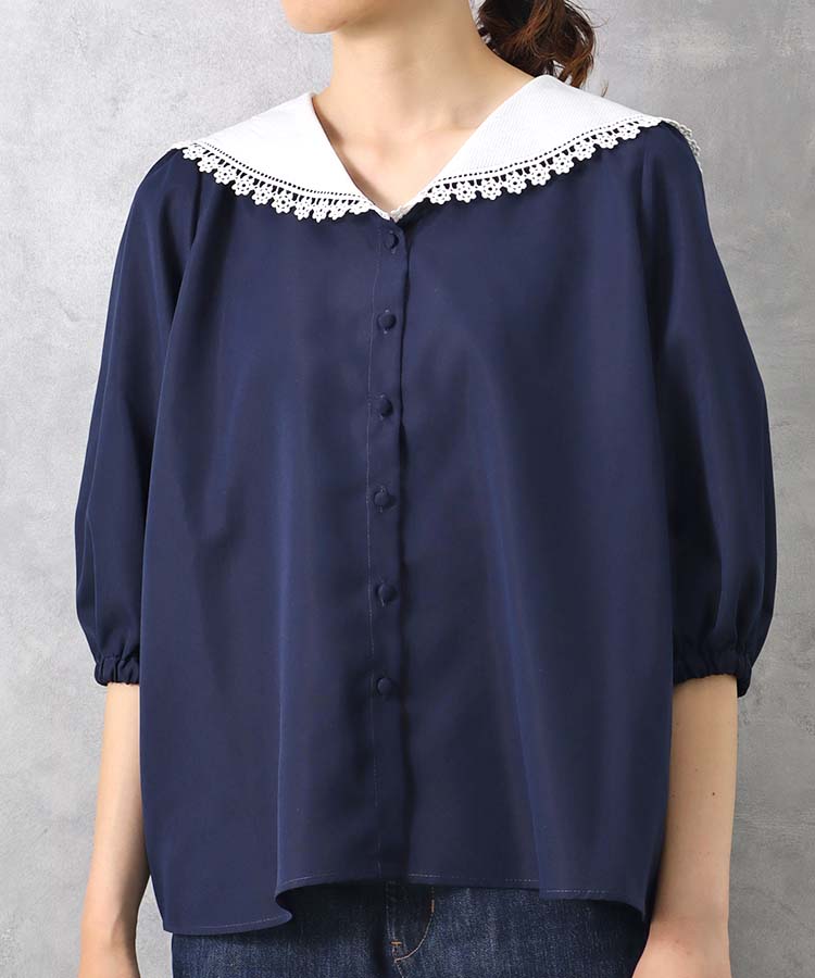 le petale鍵編みセーラーブラウス シャツ ブラウス 半袖 半袖シャツ