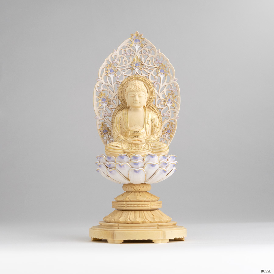 仏像 釈迦如来 座像 柘植製/ツゲ 丸座 2寸 金泥書 淡彩色 藤色 曹洞宗