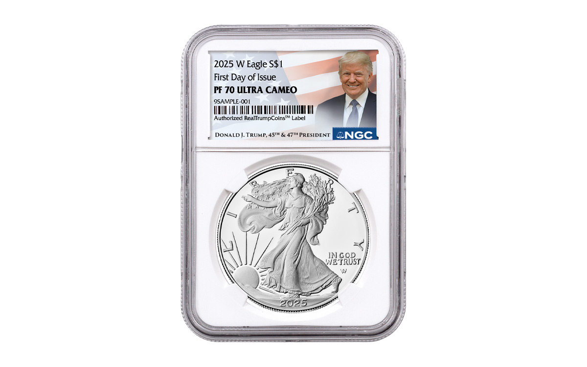 2025 $1 1-oz Silver Eagle NGC MS70 FDI w/Red Core & Trump Label