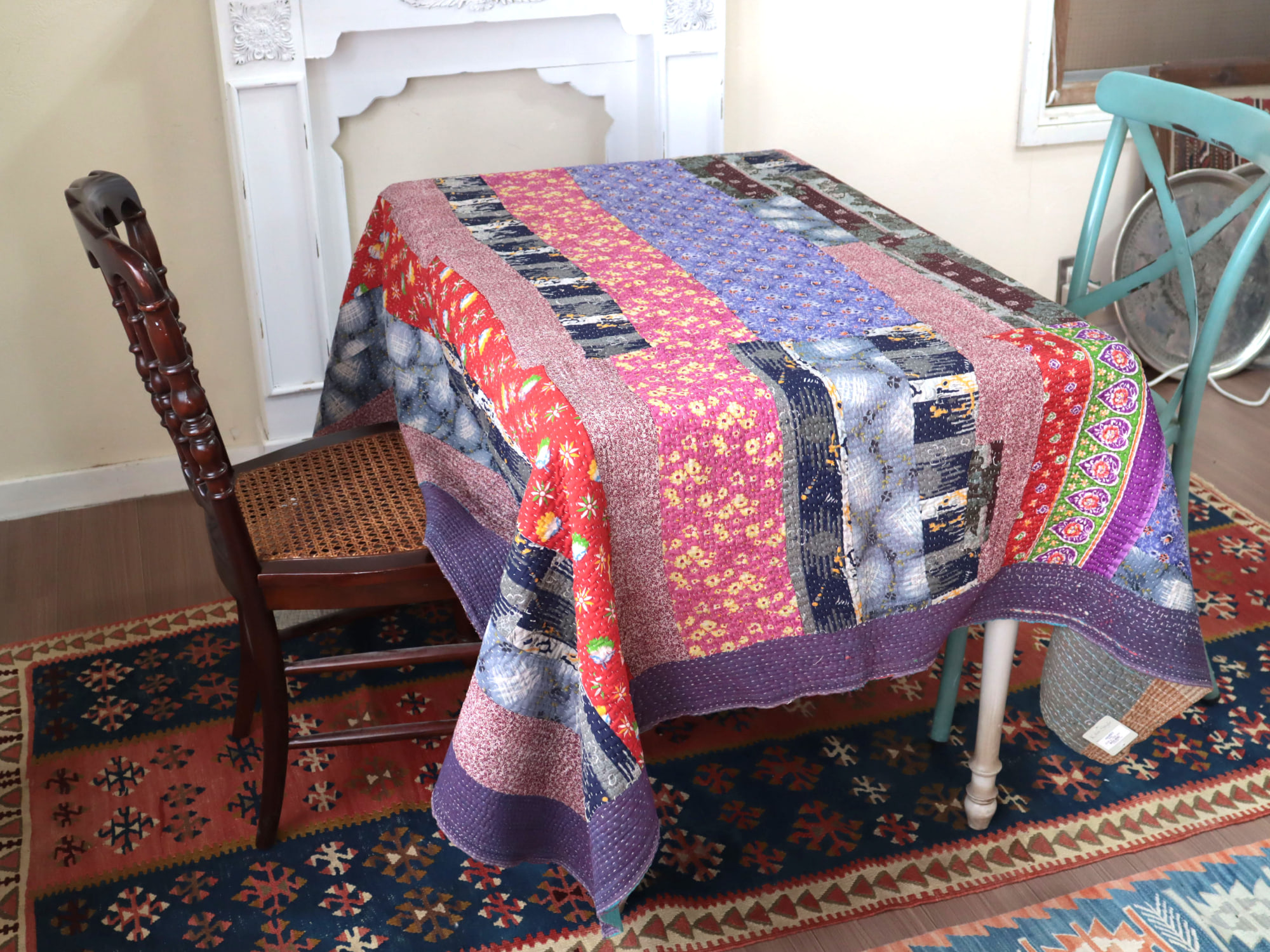 カンタ刺繍 ラリーキルト インドの古布210×152cm パープル系のパッチ