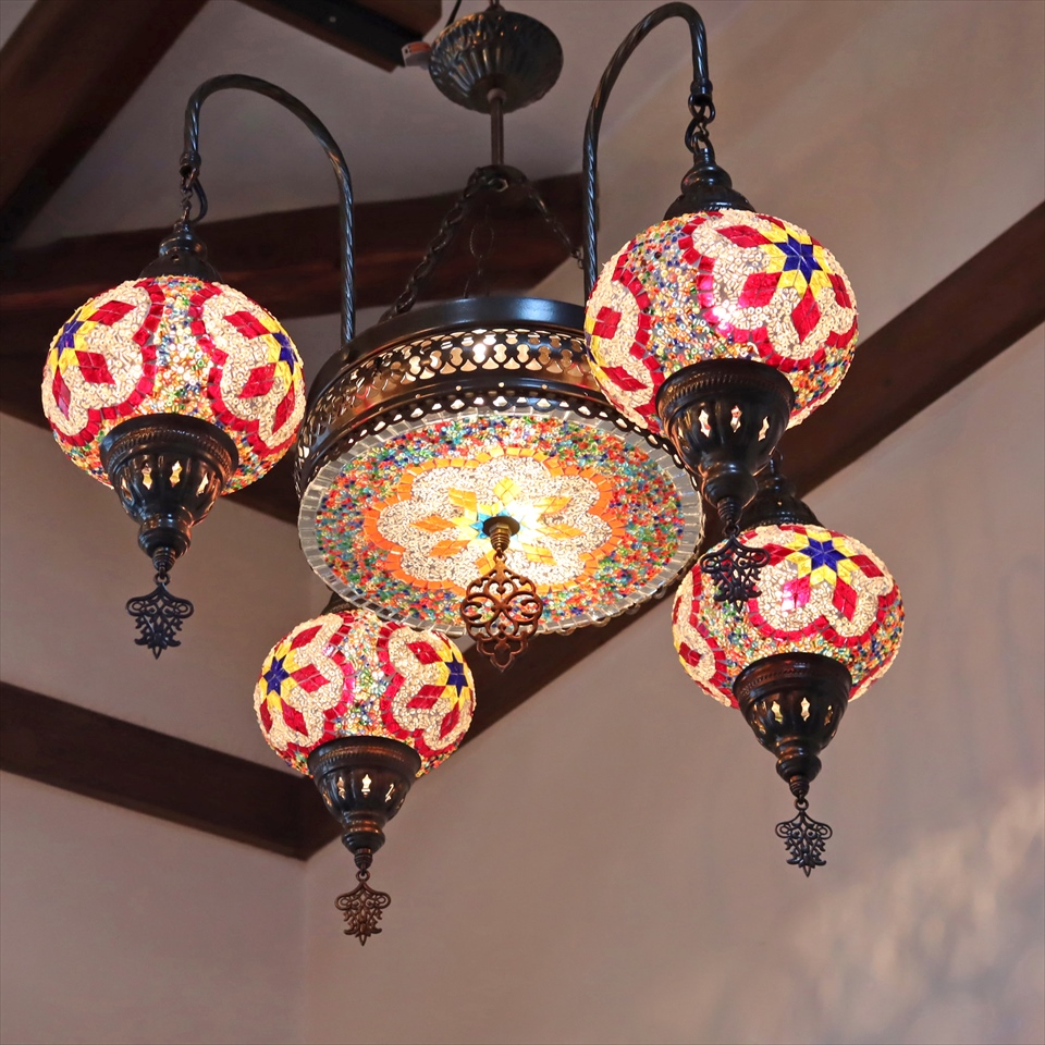 トルコランプ モザイクガラスランプシャンデリア 4灯 直径62cm 高さ