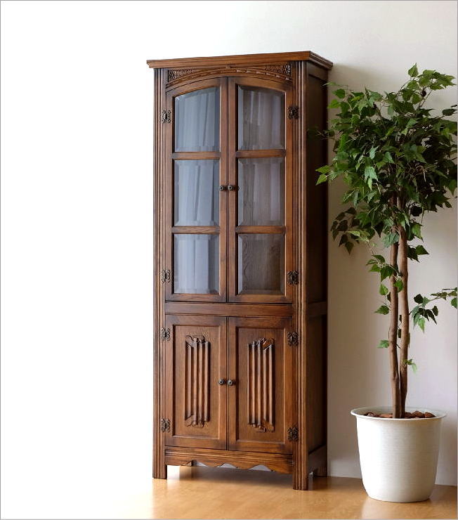 食器棚 カップボード キャビネット ガラス扉付き 木製 アンティーク