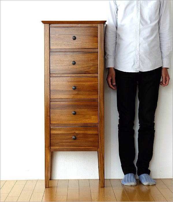 ハイチェスト チーク 無垢材 シンプル おしゃれ 幅45 チークスリム五段