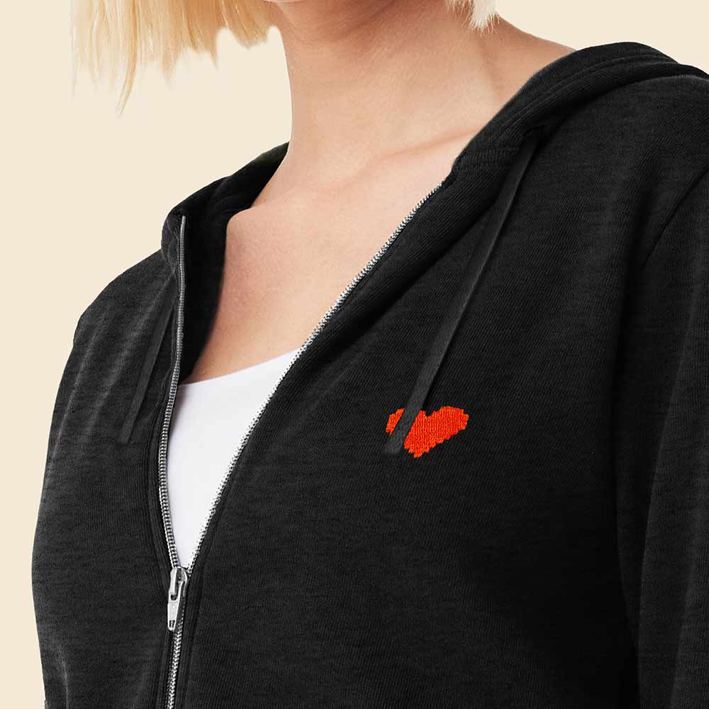 Dalix Pixel Heart Embroidered Fleece Zip Washed Hoodie Cold Fall