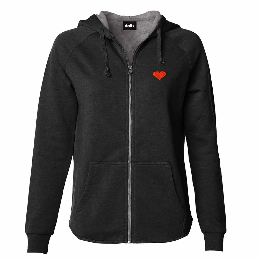 Dalix Pixel Heart Embroidered Fleece Zip Washed Hoodie Cold Fall