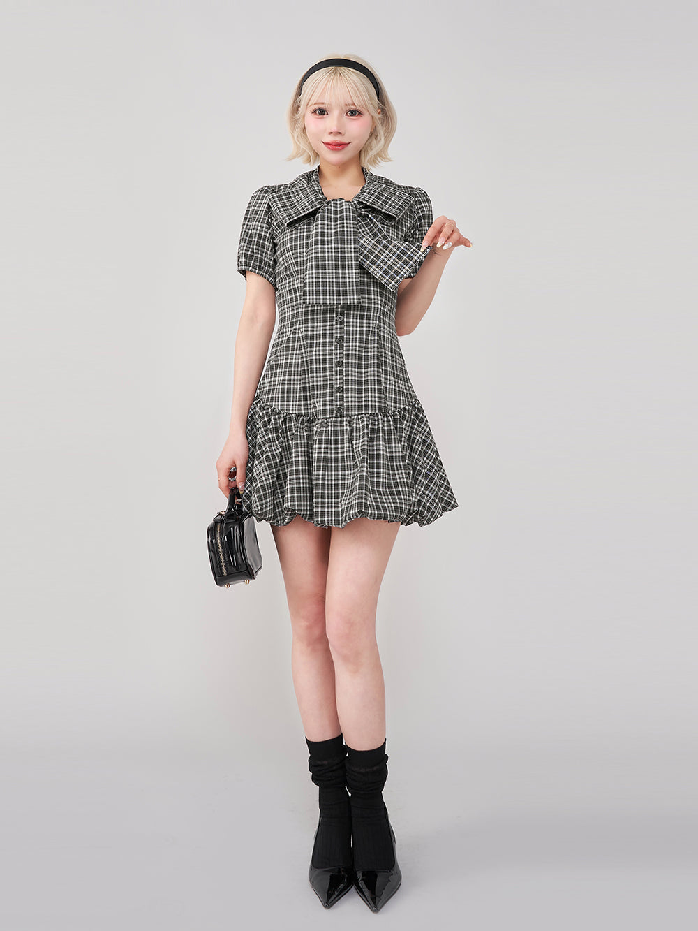 ビッグリボンバルーンチェックミニワンピース – Darich (ダーリッチ)