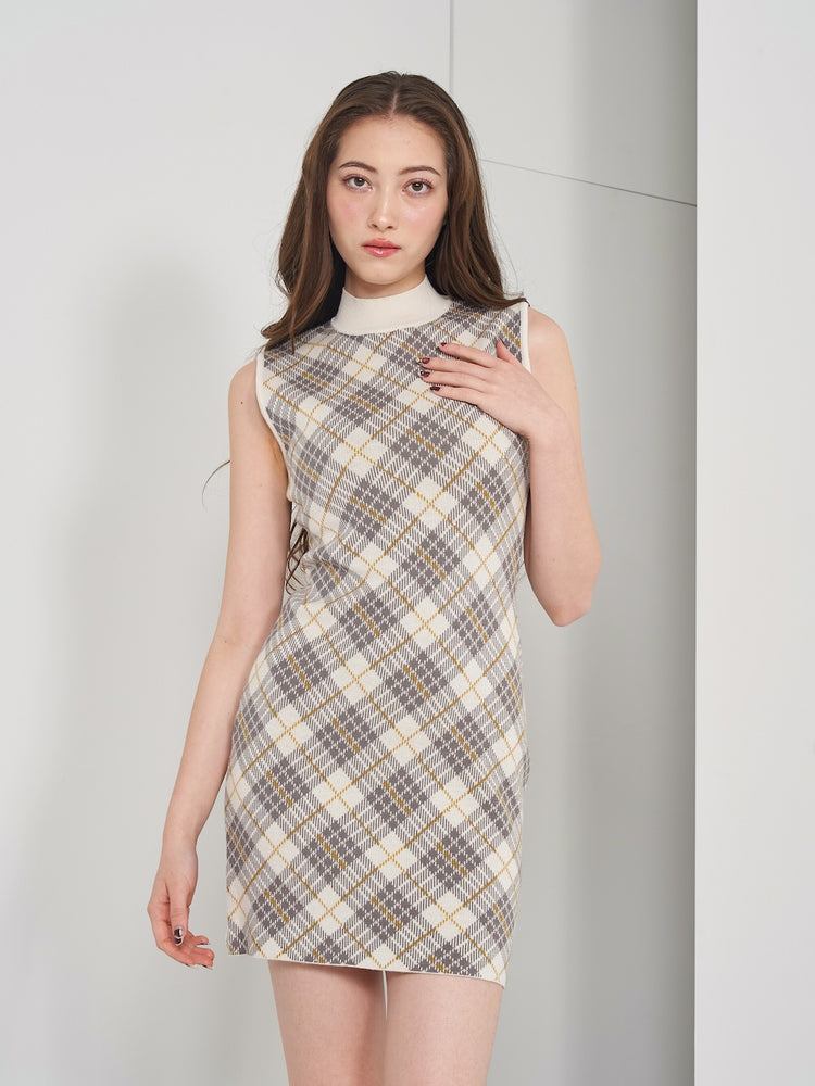 Darich ダーリッチ チェックジャガードノースリニットミニワンピース