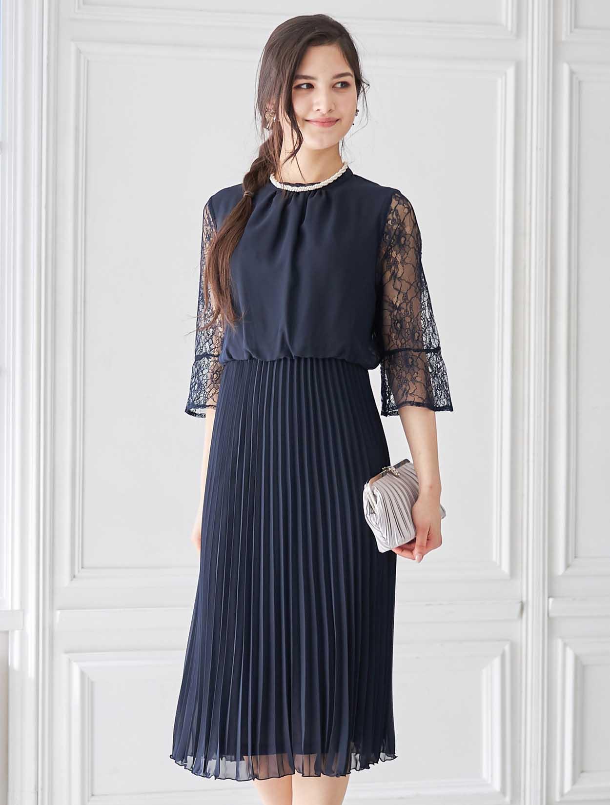 LL】スタンドネックプリーツミモレ丈ドレス（ネイビー）DPSET0402Lの