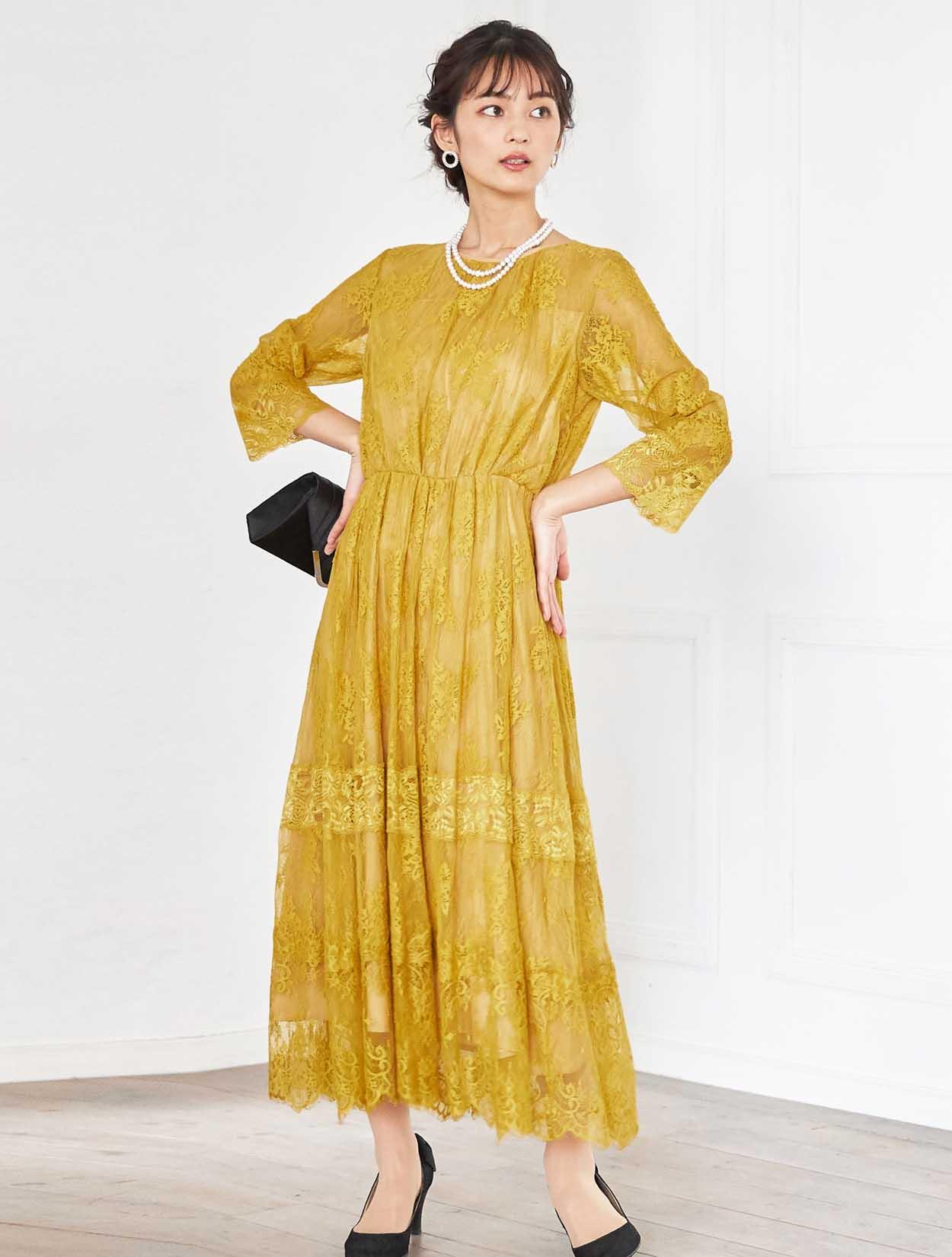 M】総レース7分袖ミディ丈ウエストゴムドレス（イエロー）DPSET0368の
