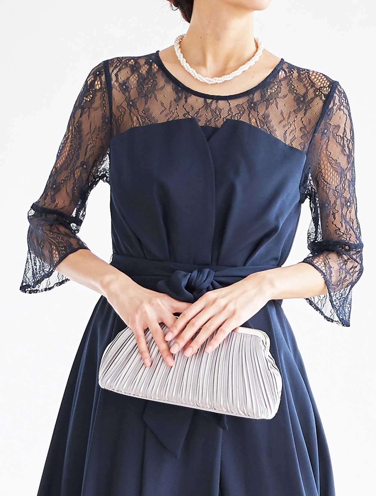 LL】レース切替7分袖ミモレ丈ドレス（ネイビー）DPSET0395Lのレンタル