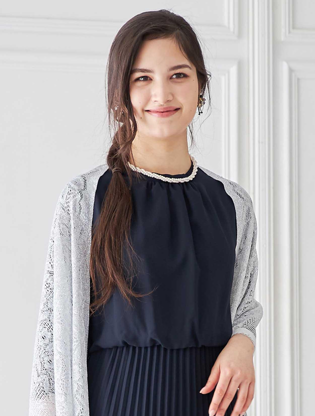 M】スタンドネックプリーツミモレ丈ドレス（ネイビー）DPSET0400の