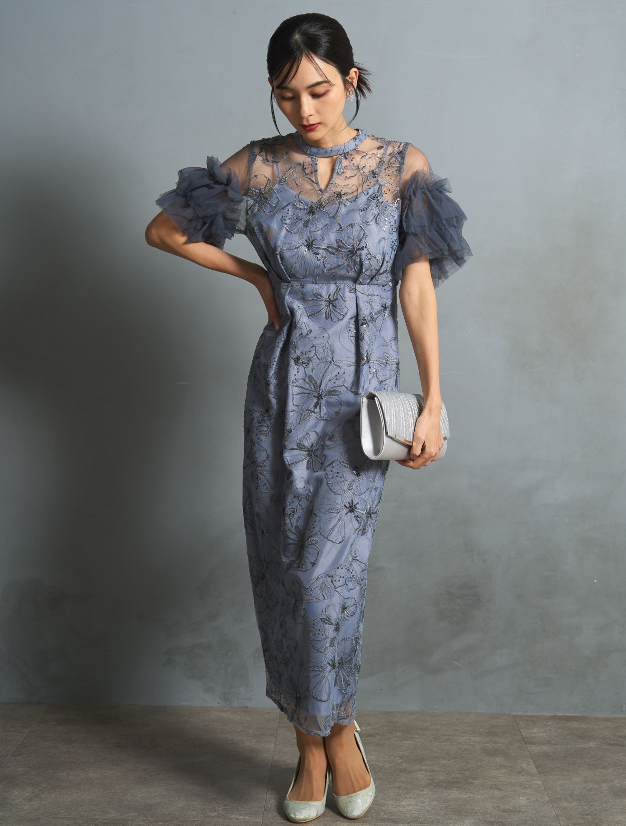 M/L】スパンコール刺繍レースドレス（ブルーグレー）DPSET0745の