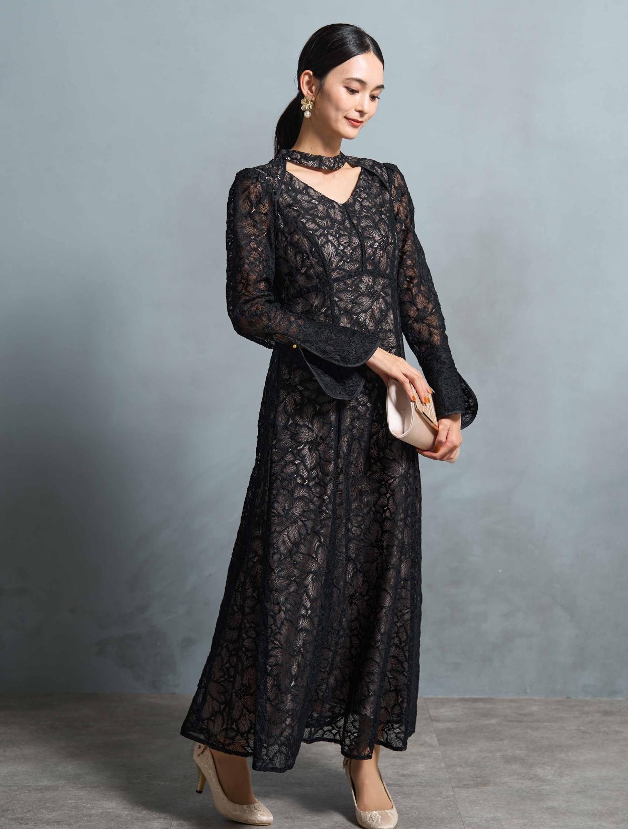 M】総フラワーレースロングスリーブドレス（ブラック）DPSET0722の
