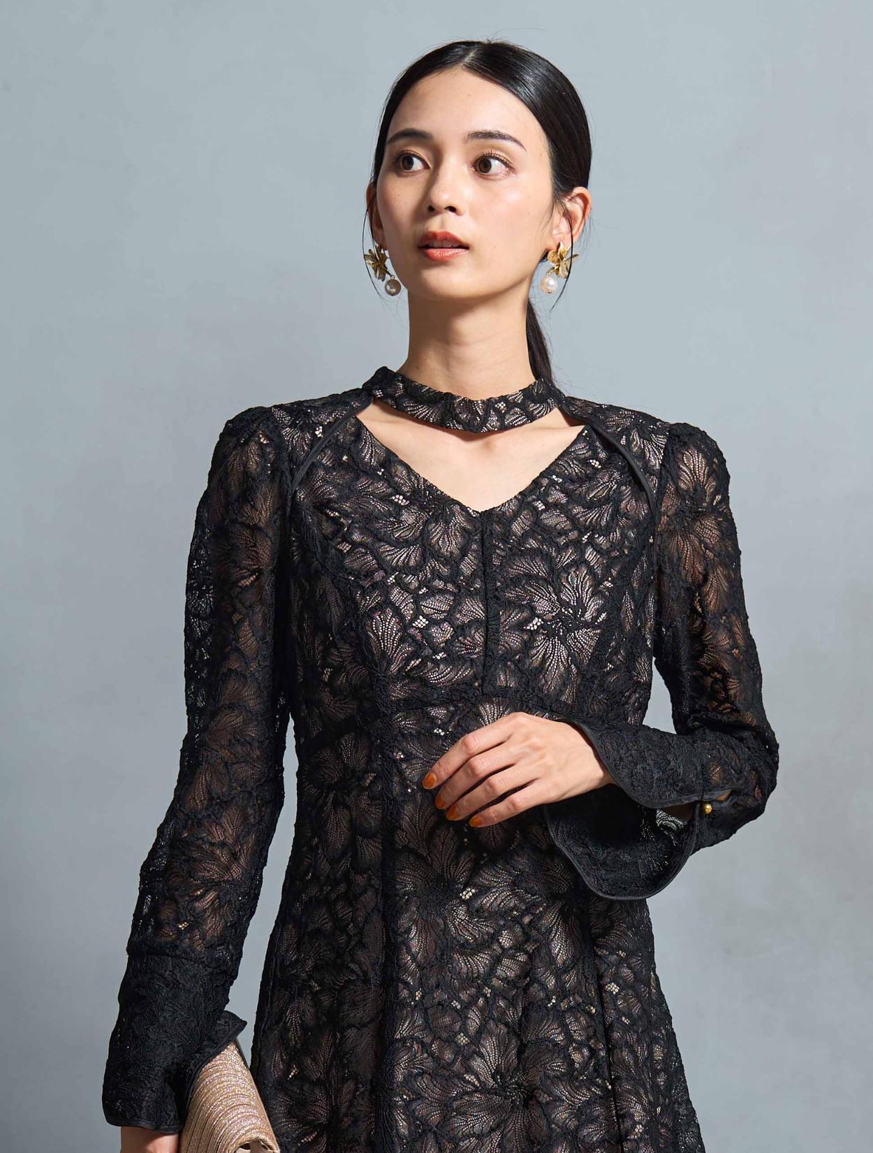 M】総フラワーレースロングスリーブドレス（ブラック）DPSET0722の