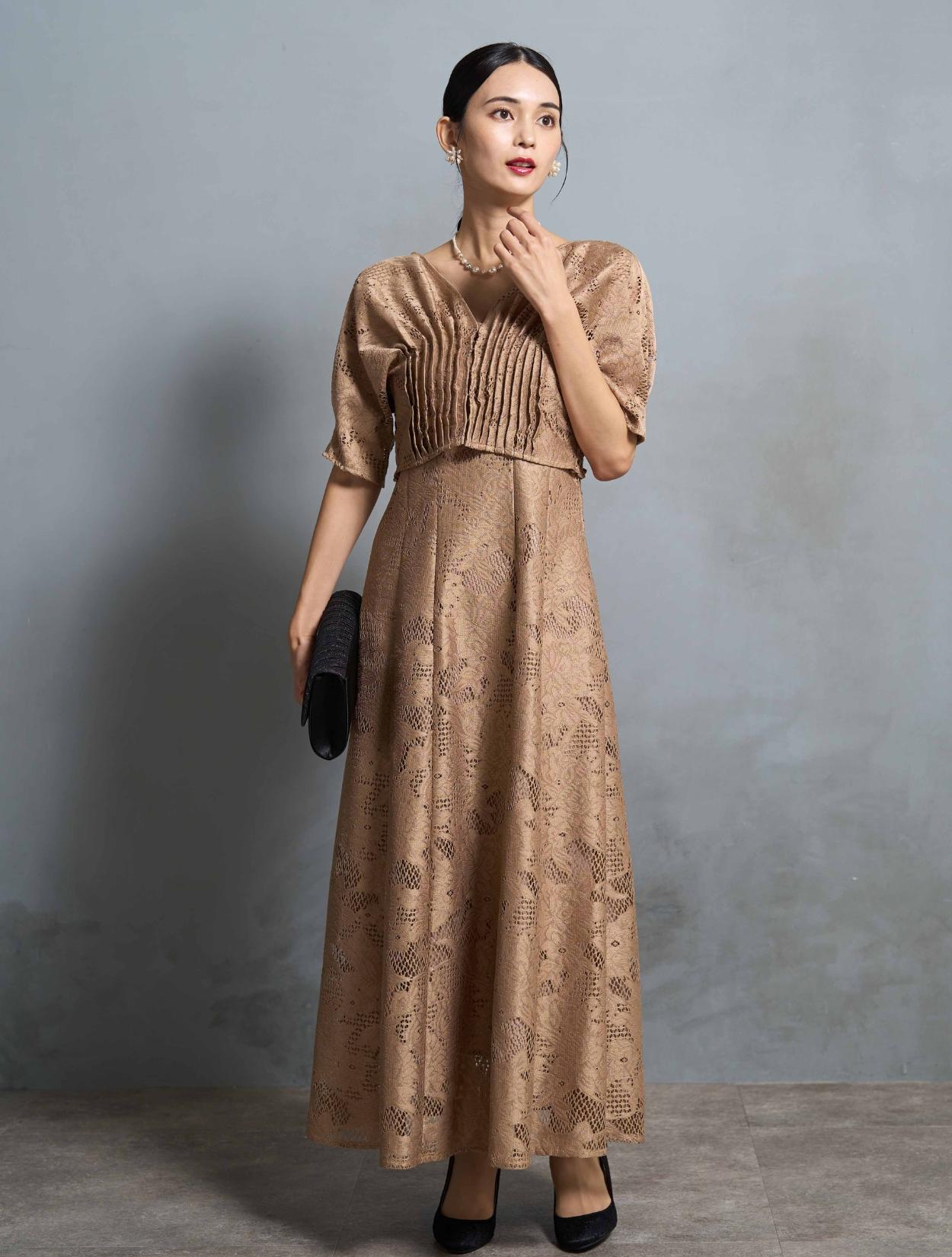 M】ジャガードアンサンブルドレス（ベージュ）DPSET0662のレンタル