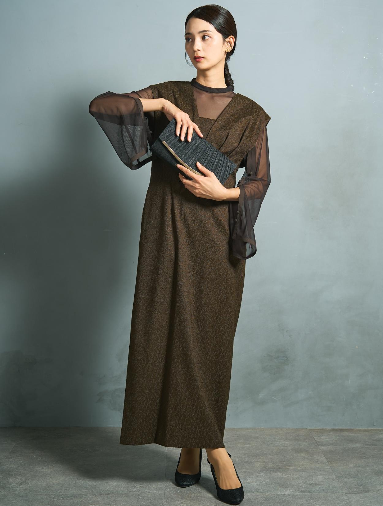 M/L】シアートップス付きジャガードドレス（ブラウンカーキ）DPSET0762