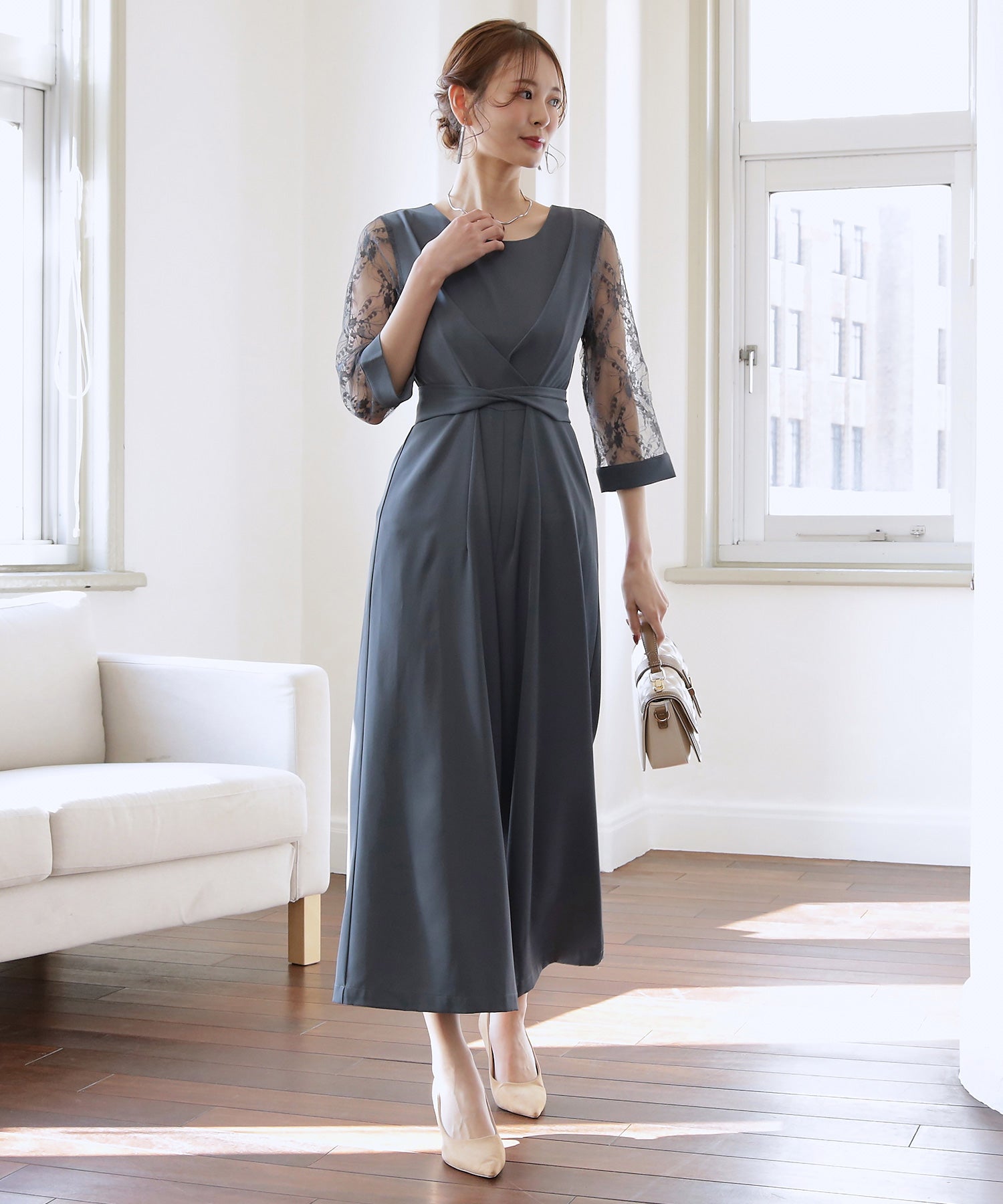 パーティー 結婚式 ジャンプスーツ パンツドレス レース袖