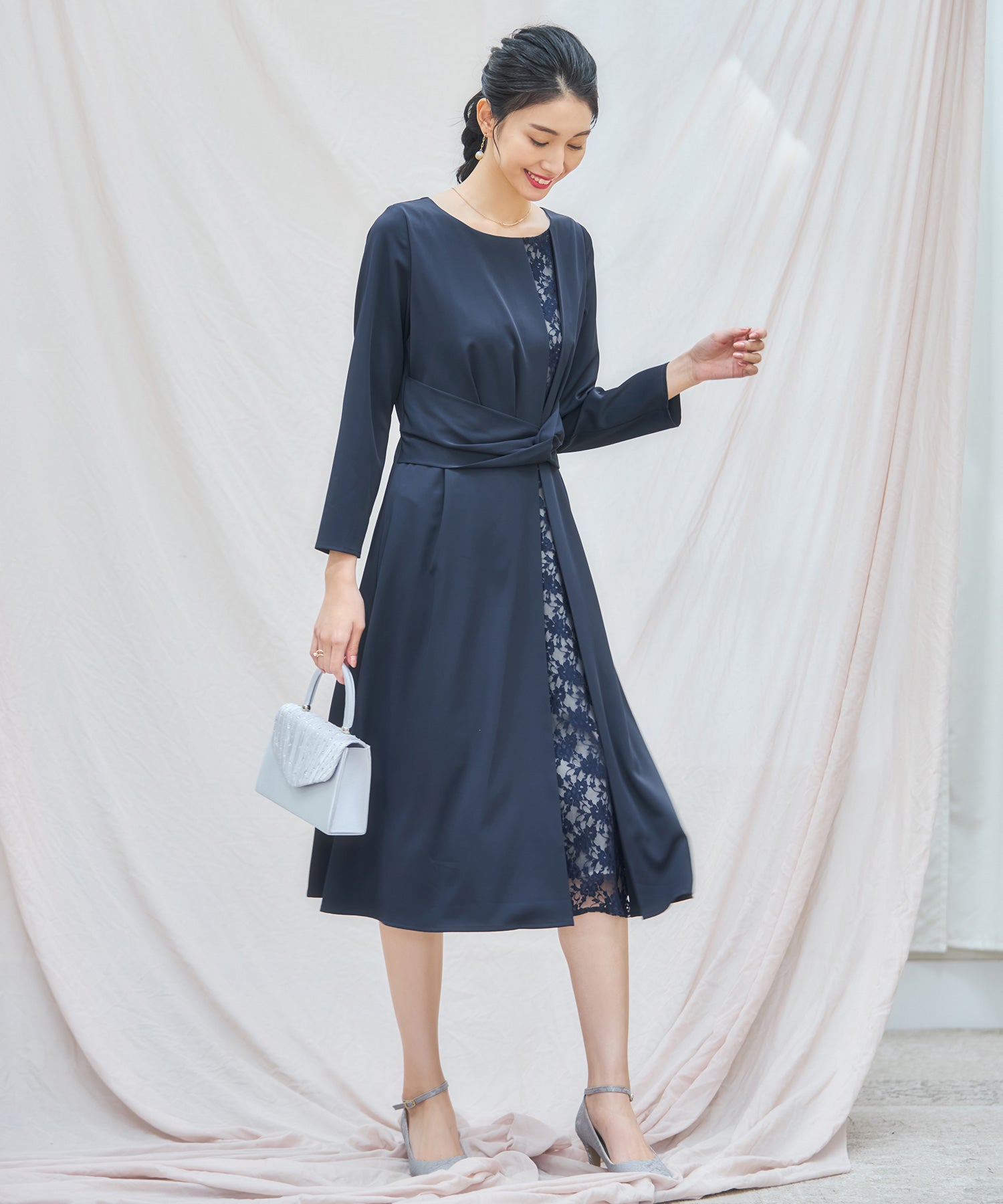 パーティードレス ワンピース 袖付き 結婚式 フォーマル ネイビー