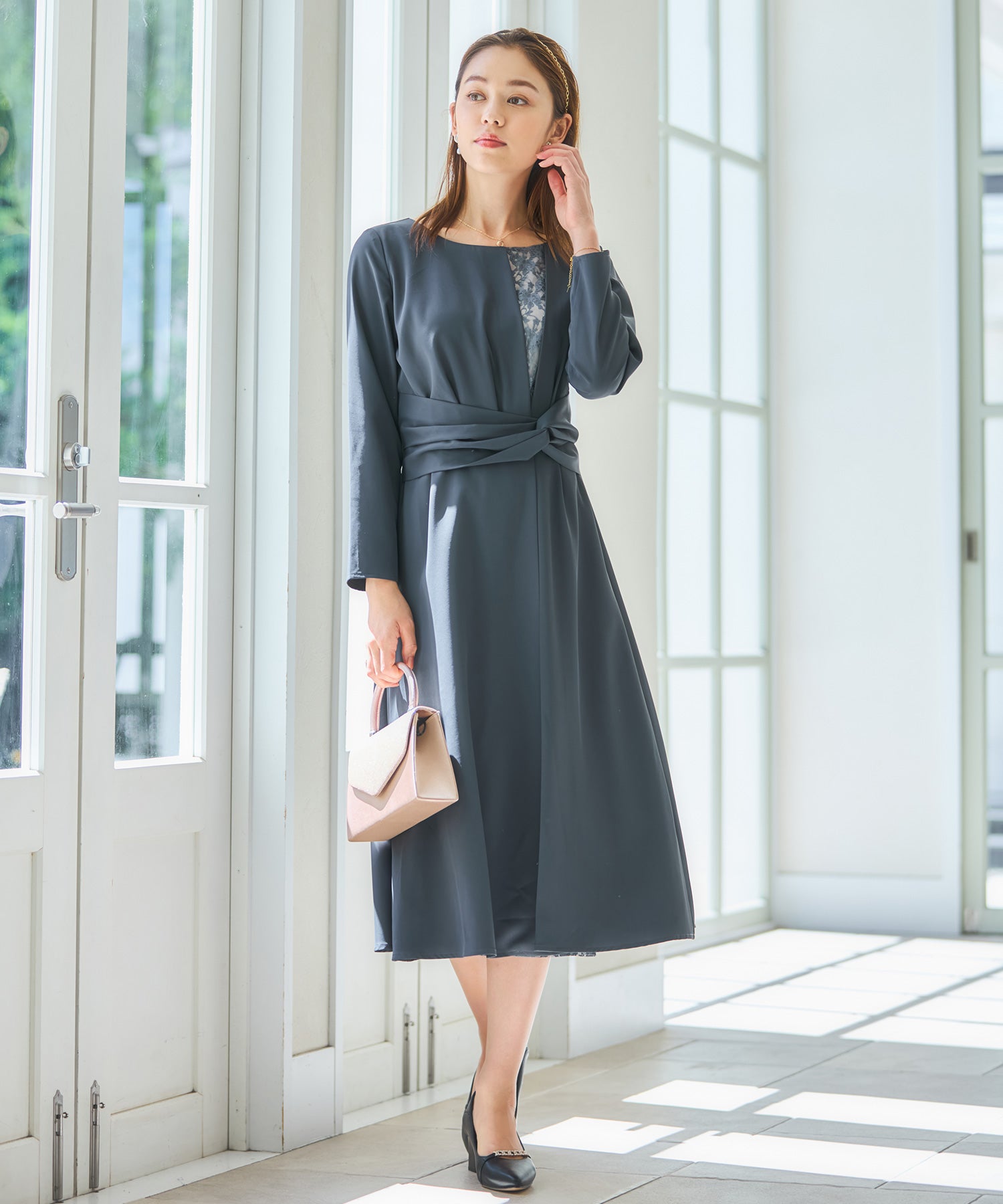 パーティードレス ワンピース 袖付き 結婚式 フォーマル チャコール