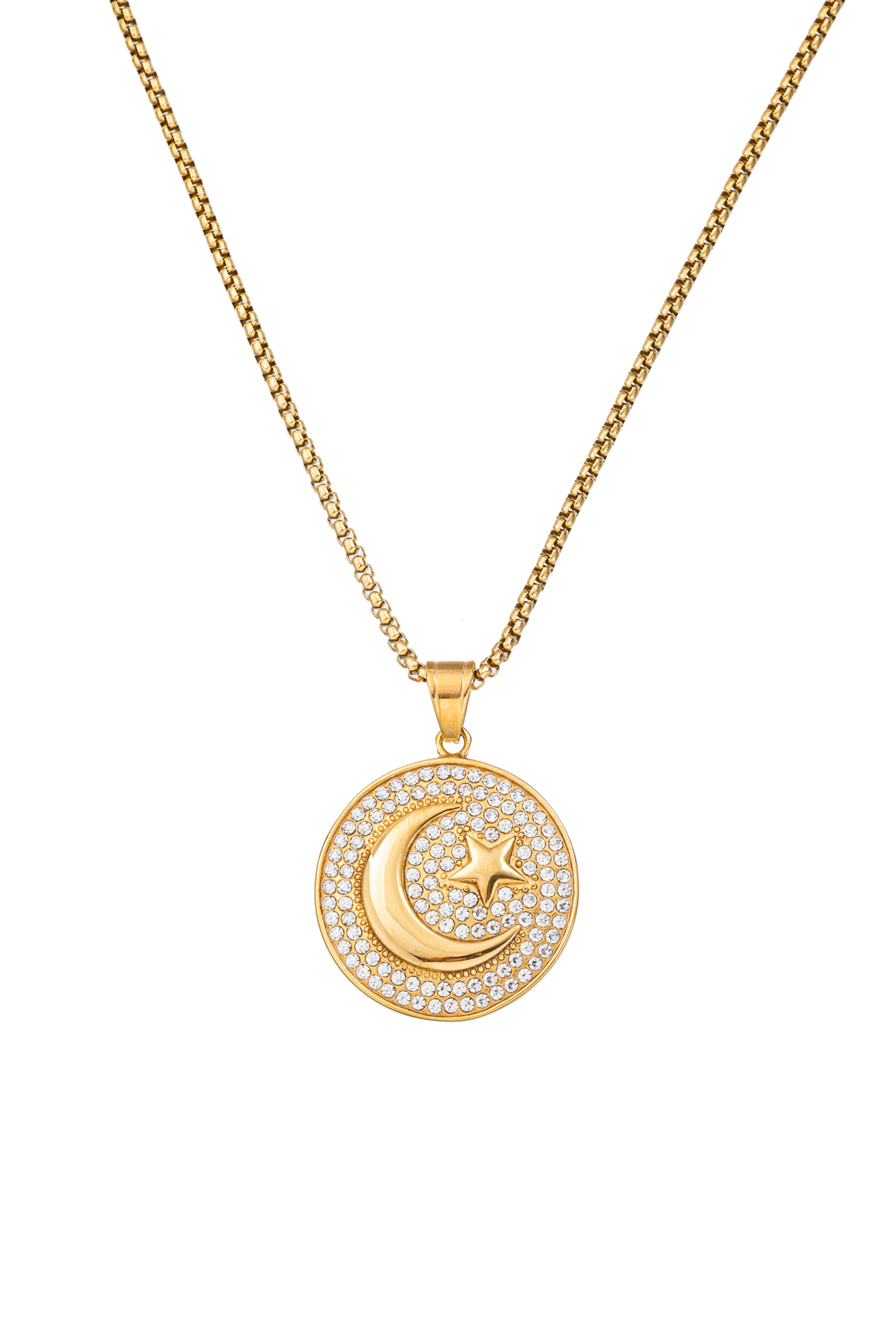 Men's Gold Titanium CZ Crystal Star & Moon Pendant Necklace – Eye